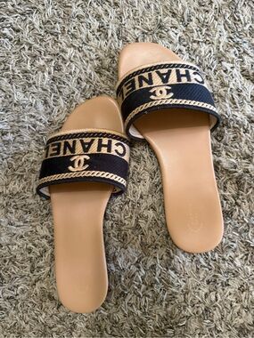 Chanel Beige and Black Slide Sandals